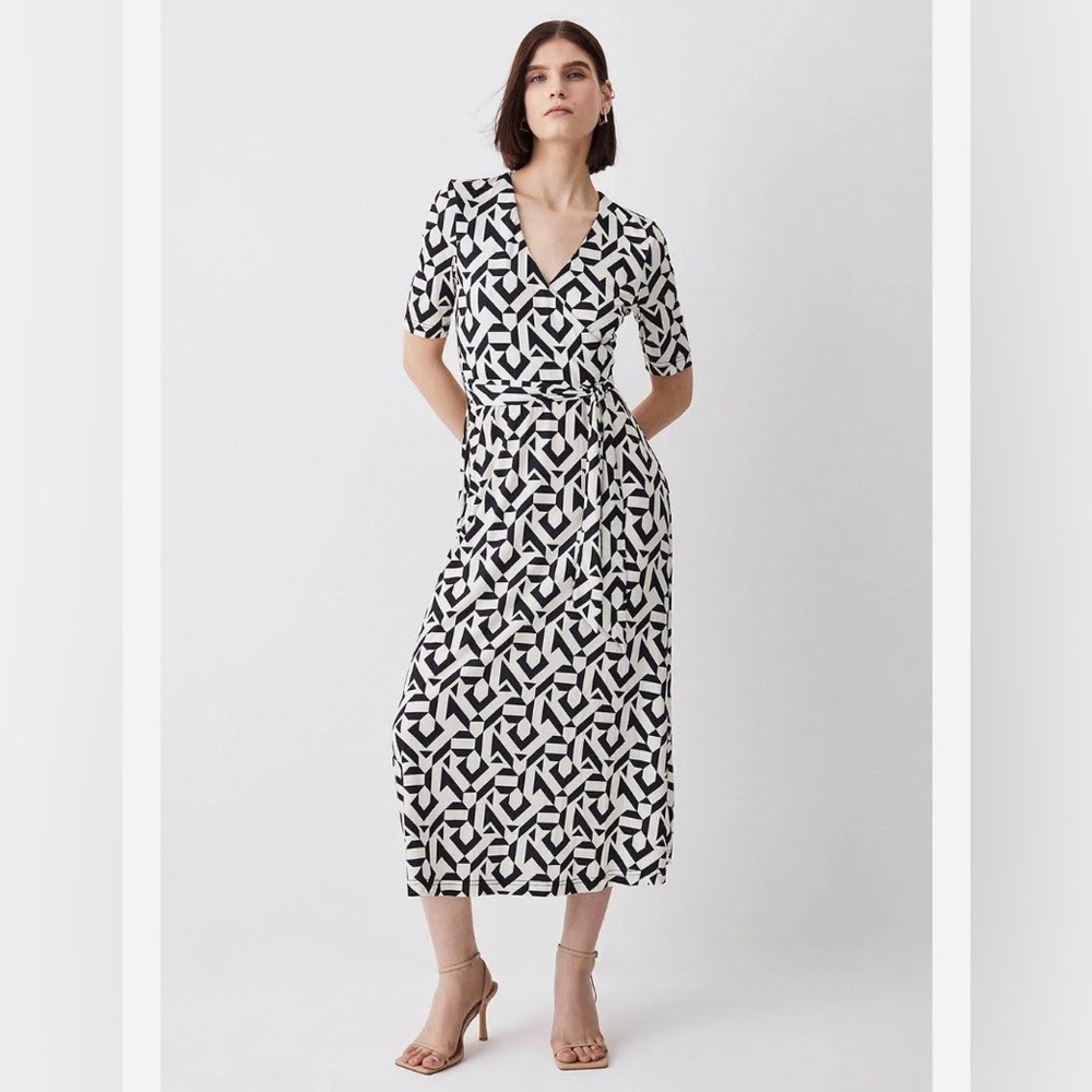 Karen Millen | Half Sleeve Geometric Printed Jersey Wrap Midi Dress Sz 8 | NWT
